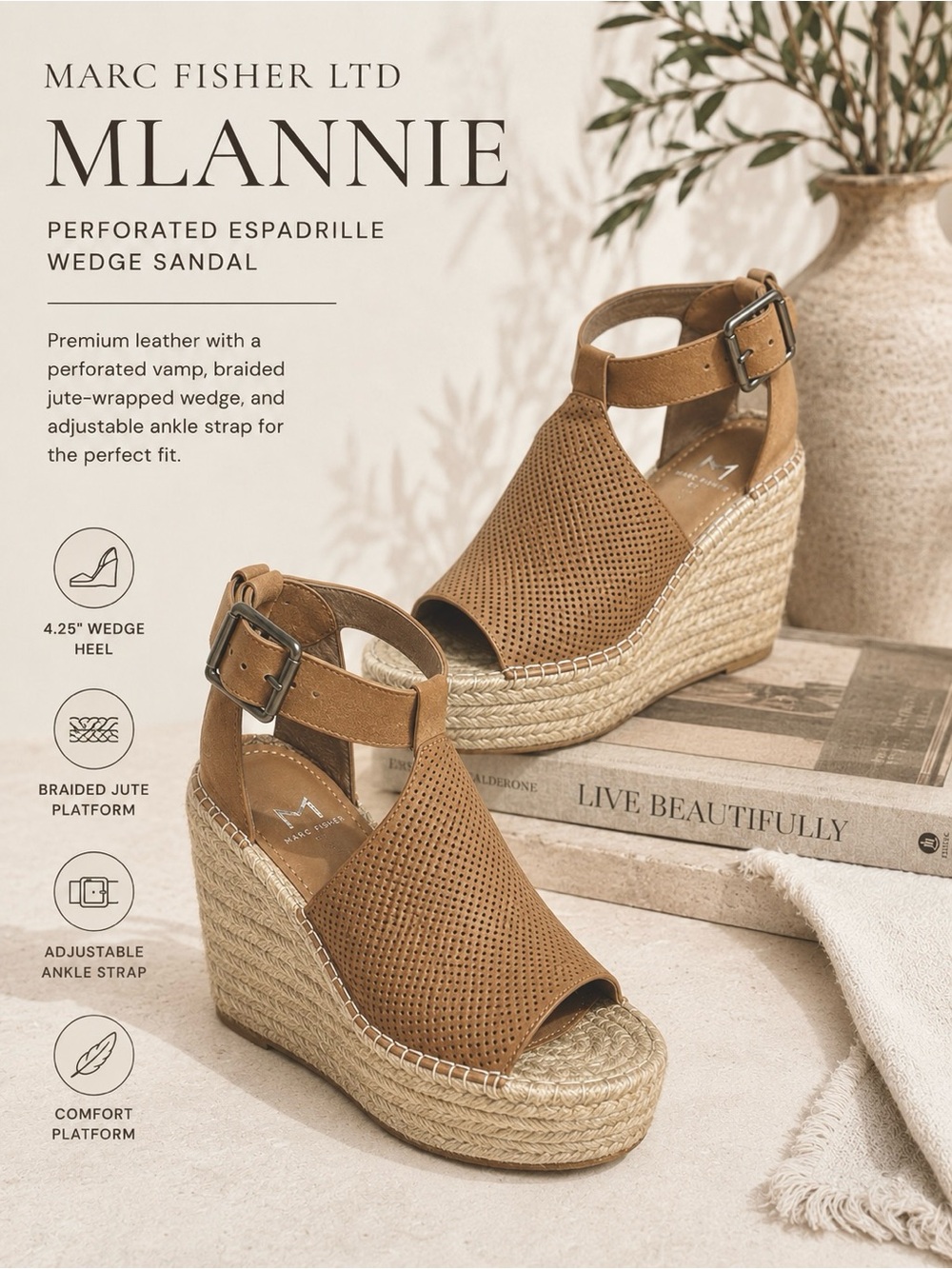 Marc Fisher Mlannie Perforated Leather Espadrille Wedge Sandals Brown Tan Size 7